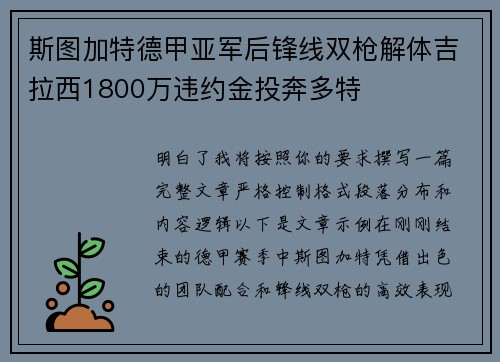 斯图加特德甲亚军后锋线双枪解体吉拉西1800万违约金投奔多特